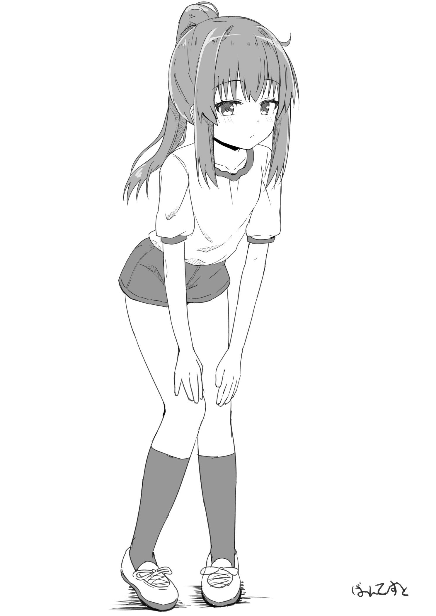 takasuma hiro, original, highres, 1girl, blush, closed mouth, full body, greyscale, gym shirt, gym uniform, kneehighs, long hair, monochrome, ponytail, puffy short sleeves, puffy sleeves, shirt, shoes, short shorts, short sleeves, shorts, sneakers, socks, solo, standing