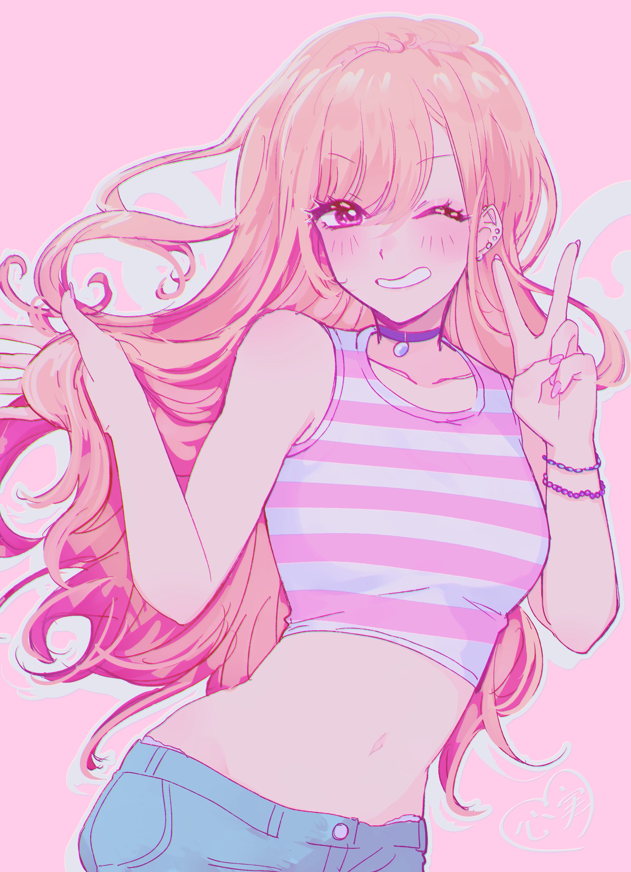 kokomi (aniesuakkaman), kitagawa marin, sono bisque doll wa koi wo suru, absurdres, commentary, english commentary, highres, 1girl, ;d, bare arms, bare shoulders, black choker, blonde hair, blue pants, breasts, buttons, choker, chromatic aberration, collarbone, cowboy shot, crop top, cropped shirt, denim, ear piercing, earrings, grin, hair between eyes, hand in own hair, hands up, heart, jeans, jewelry, long hair, looking at viewer, medium breasts, midriff, nail polish, navel, one eye closed, open mouth, outline, pants, piercing, pink background, pink eyes, pink nails, pink shirt, shirt, simple background, sleeveless, sleeveless shirt, smile, solo, standing, swept bangs, two-tone shirt, v, v-shaped eyebrows, very long hair, white outline, white shirt