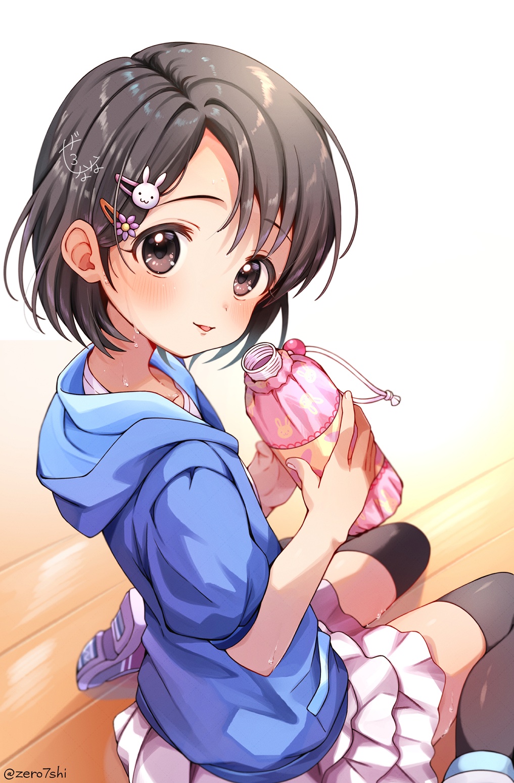 sasaki chie, idolmaster, idolmaster cinderella girls, highres, 1girl, black eyes, black hair, blush, bottle, hair ornament, hairclip, holding, holding bottle, hood, hoodie, looking at viewer, short hair, sitting, skirt, smile, solo, sweat, thighhighs, wariza, zero7shi, zettai ryouiki