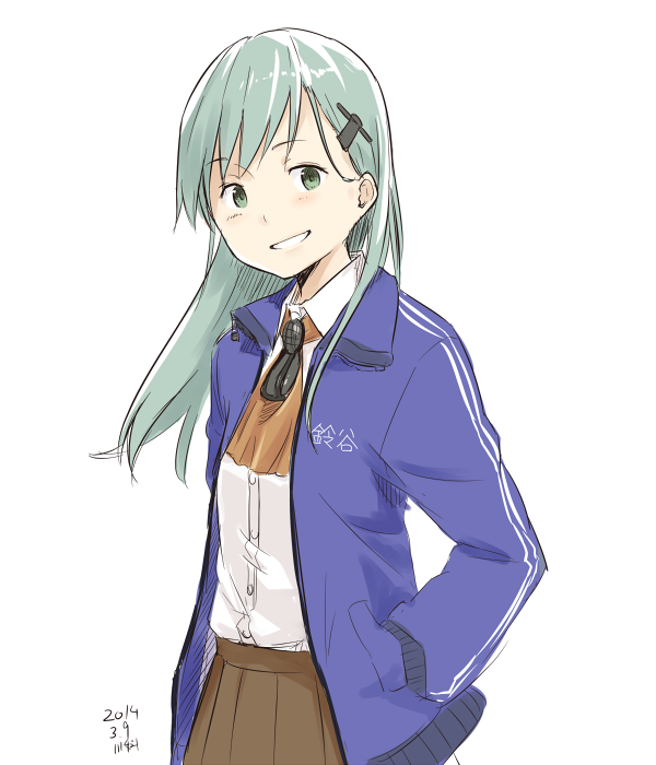 kawashina (momen silicon), suzuya (kancolle), kantai collection, commentary, 1girl, ascot, blue hair, brown skirt, character name, clothes writing, collared shirt, dated, green eyes, grin, hair ornament, hairclip, hand in pocket, jacket, long hair, long sleeves, looking at viewer, open clothes, pleated skirt, shirt, shirt tucked in, signature, simple background, skirt, smile, solo, track jacket, white background, white shirt