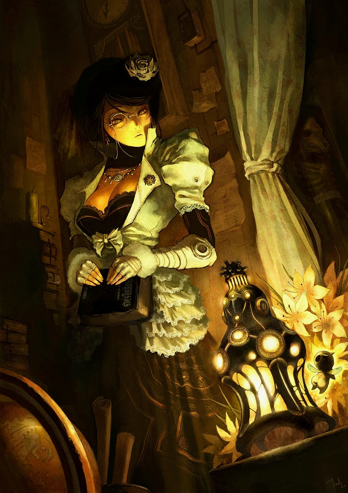 tahra, original, light, 1girl, book, breasts, cleavage, clock, curtains, dress, fairy, female focus, fingerless gloves, flower, frills, glasses, globe, gloves, hair flower, hair ornament, lamp, lantern, large breasts, monocle, monocle chain, skeleton, solo