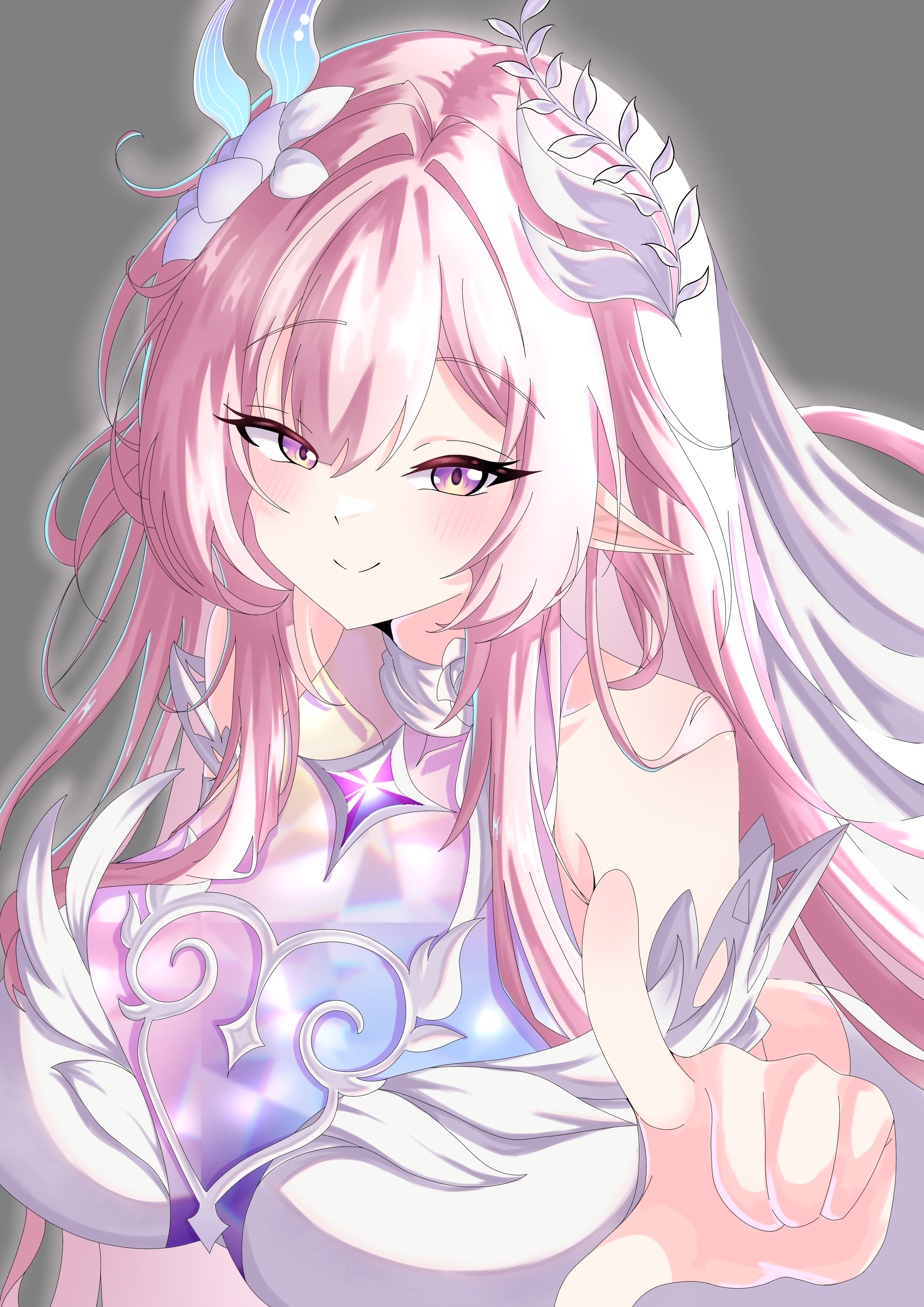 cyrene (honkai: star rail), cyrene (ripples of past reverie) (honkai: star rail), honkai: star rail, honkai (series), absurdres, commentary, highres, 1girl, bare shoulders, breasts, earth 1711, flower, grey background, hair flower, hair ornament, large breasts, long hair, looking at viewer, pink hair, pointing, pointing at viewer, pointy ears, purple eyes, simple background, smile, solo, upper body, very long hair