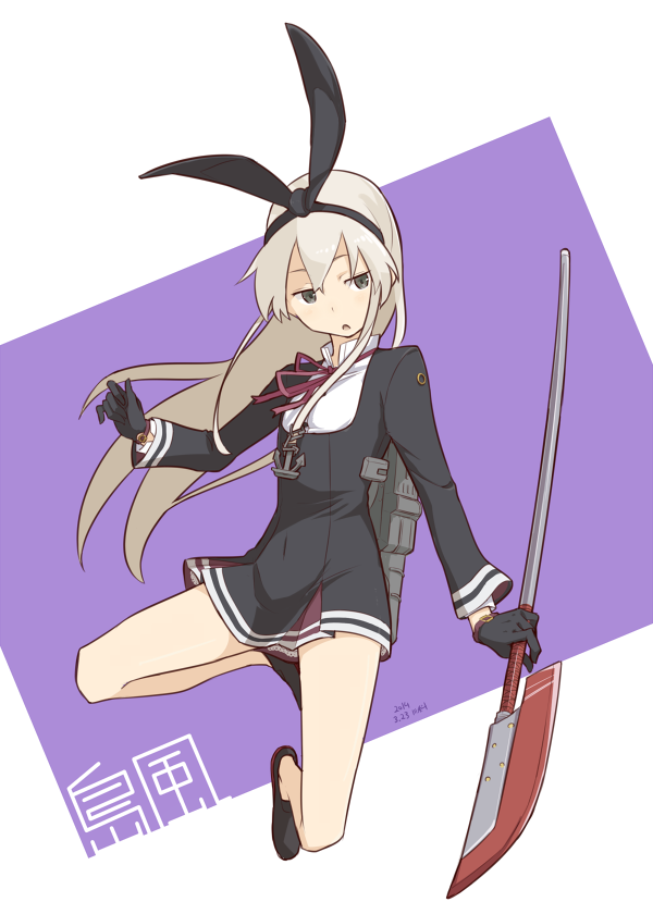 kawashina (momen silicon), shimakaze (kancolle), tatsuta (kancolle), kantai collection, commentary, 1girl, black dress, black eyes, black gloves, black shoes, blonde hair, character name, cosplay, dated, dress, glaive (polearm), gloves, holding, holding polearm, holding weapon, long hair, long sleeves, neck ribbon, parted lips, polearm, ribbon, shoes, short dress, signature, simple background, solo, tatsuta (kancolle) (cosplay), two-tone background, weapon