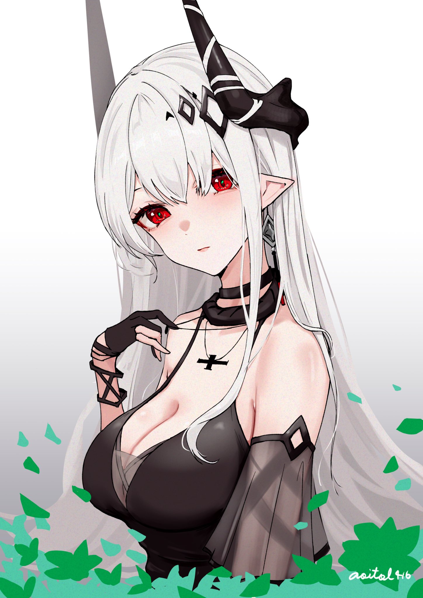 aoi tooru, mudrock (arknights), mudrock (silent night) (arknights), arknights, highres, 1girl, bare shoulders, black choker, black dress, black gloves, black horns, breasts, choker, cleavage, detached sleeves, dress, earrings, gloves, grey hair, horns, jewelry, large breasts, long hair, looking at viewer, pointy ears, red eyes, solo, spaghetti strap, upper body