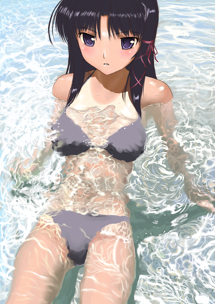 mocha, kuze kiriha, fortune arterial, 1girl, arm support, bathing, bikini, black hair, blush, caustics, female focus, hair ribbon, light frown, looking afar, lying, on back, one-piece tan, parted lips, partially submerged, purple bikini, purple eyes, reclining, ribbon, solo, swimsuit, tan, tanline, underwater, water, wet