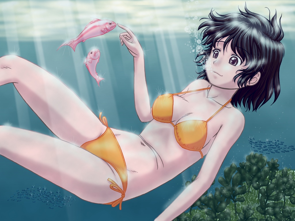 nighthawk (artist), bad id, bad pixiv id, md5 mismatch, resolution mismatch, 1girl, bikini, black eyes, black hair, breasts, female focus, fish, orange bikini, side-tie bikini bottom, smile, solo, swimsuit, underwater
