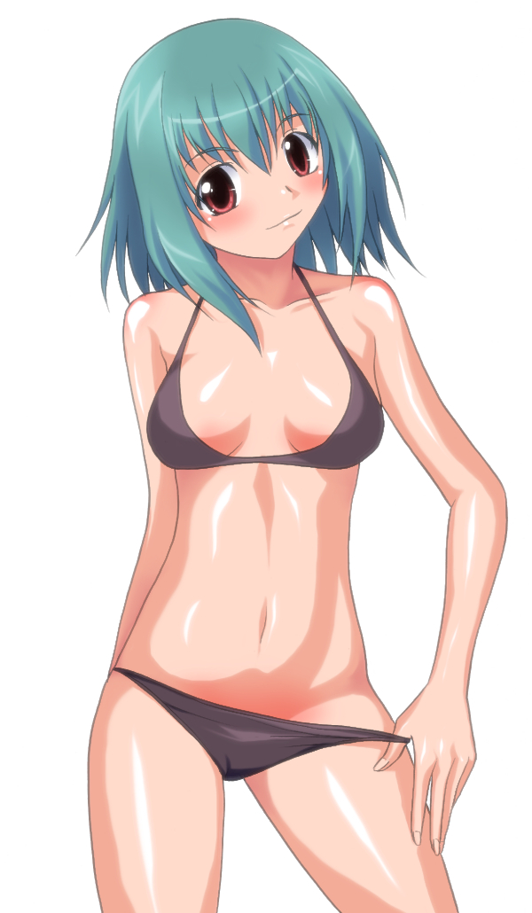 yuuki1103, original, 1girl, bikini, bikini pull, black bikini, clothes pull, female focus, green hair, orange eyes, pulling own clothes, solo, swimsuit
