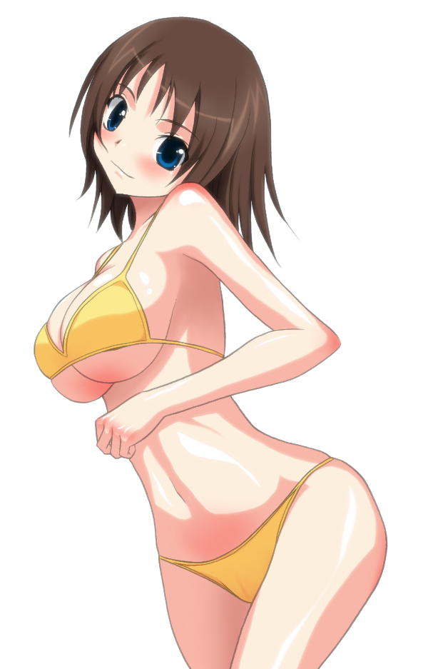 yuuki1103, original, 1girl, bikini, blue eyes, breasts, brown hair, female focus, large breasts, solo, swimsuit, underboob, yellow bikini