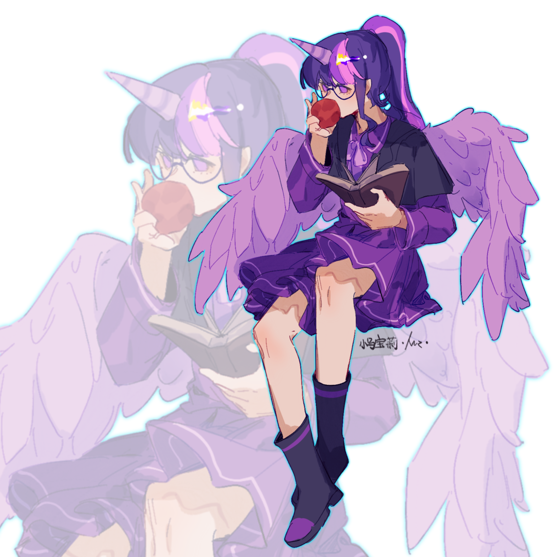 wumingshi61160, sci-twi, twilight sparkle, my little pony, my little pony: equestria girls, my little pony: friendship is magic, highres, translation request, 1girl, alternate skin color, apple, black-framed eyewear, black boots, black jacket, blue outline, book, boots, bow, bowtie, chinese text, collared shirt, covered mouth, cropped jacket, crossed ankles, dress, eating, feathered wings, food, fruit, full body, glasses, hand up, high ponytail, holding, holding book, holding food, holding fruit, horns, jacket, knee boots, knee up, layered sleeves, long hair, long sleeves, looking at food, medium skirt, multicolored hair, no pupils, official alternate hairstyle, open book, open clothes, open jacket, outline, pleated skirt, ponytail, purple bow, purple bowtie, purple dress, purple horns, purple skirt, purple wings, round eyewear, shirt, short-sleeved jacket, short over long sleeves, short sleeves, simple background, single horn, sitting, skirt, solo, streaked hair, unicorn girl, unicorn horn, white background, wings, zoom layer
