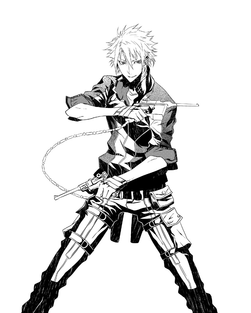 sami (object dump), haine rammsteiner, dogs: bullets & carnage, bad id, bad pixiv id, 1boy, dual wielding, greyscale, gun, handgun, holding, luger p08, male focus, mauser c96, monochrome, pistol, short hair, simple background, solo, weapon, white background