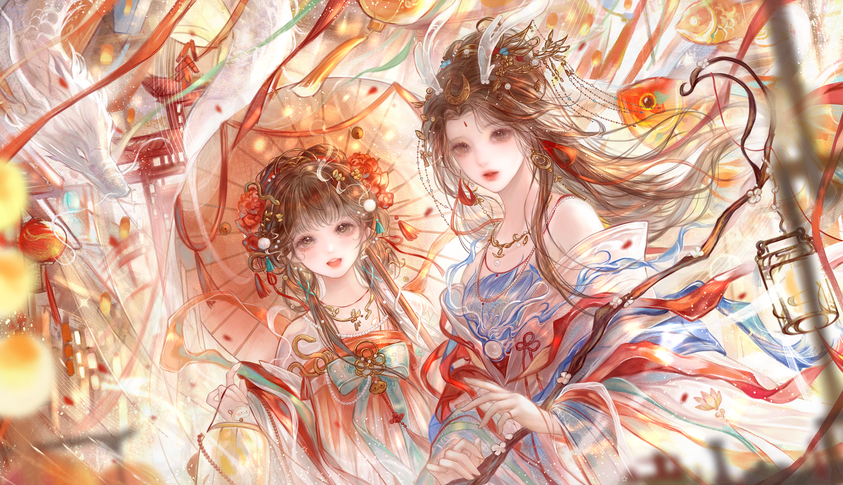 qingluanluan, original, highres, 2girls, bird, brown hair, chinese clothes, dress, flower, hair flower, hair ornament, holding, holding umbrella, jewelry, lantern, long hair, multiple girls, necklace, streamers, umbrella, upper body