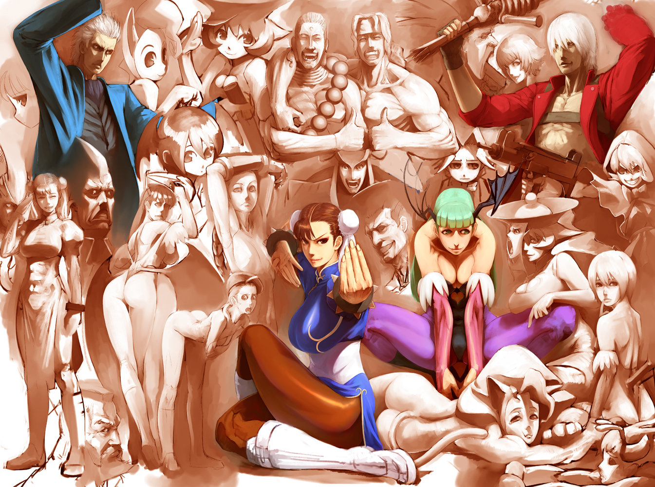 kurohachi, alex (street fighter), anita (darkstalkers), b.b. hood, blanka, cammy white, chun-li, dante (devil may cry), donovan baine, felicia (darkstalkers), guile, hsien-ko, jedah dohma, lady (devil may cry), lilith (darkstalkers), morrigan aensland, q-bee, rikuo (darkstalkers), vergil (devil may cry), zangief, capcom, darkstalkers, devil may cry (series), street fighter, print legwear, bad id, bad pixiv id, 00s, 6+boys, 6+girls, animal ears, animal hands, ass, beret, brazil, breasts, bun cover, cat ears, china dress, chinese clothes, cleavage, company connection, crossover, demon girl, double bun, dress, everyone, gun, hair bun, hat, head wings, large breasts, medium breasts, multiple boys, multiple crossover, multiple girls, pantyhose, pelvic curtain, purple pantyhose, weapon, wings