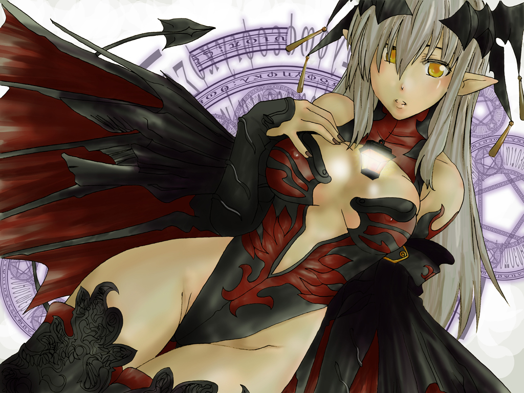 shaku moto, diabolos, final fantasy, final fantasy vi, final fantasy viii, final fantasy xi, silver hair, 00s, 1990s (style), 1girl, brown hair, detached sleeves, female focus, genderswap, genderswap (mtf), glyph, hat, lantern, leotard, nipples, personification, pointy ears, red leotard, retro artstyle, see-through clothes, solo, tail, thighhighs, wings, yellow eyes
