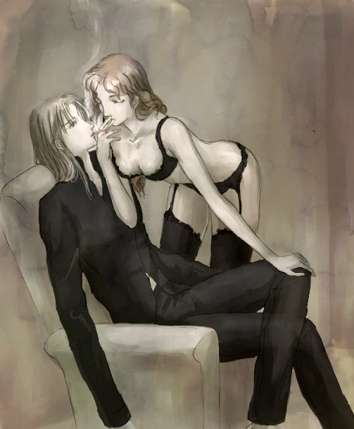 darill, setzer gabbiani, final fantasy, final fantasy vi, 1990s (style), 1boy, 1girl, bra, cigarette, cigarette kiss, garter belt, lingerie, panties, sitting, smoking, thighhighs, underwear, underwear only