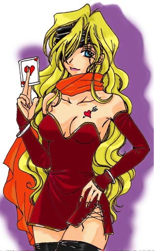 jujube, natsume you, darill, final fantasy, final fantasy vi, 1990s (style), 1girl, blonde hair, blue eyes, card, detached sleeves, female focus, headband, holding, holding card, leotard, retro artstyle, scarf, solo, tattoo, thighhighs
