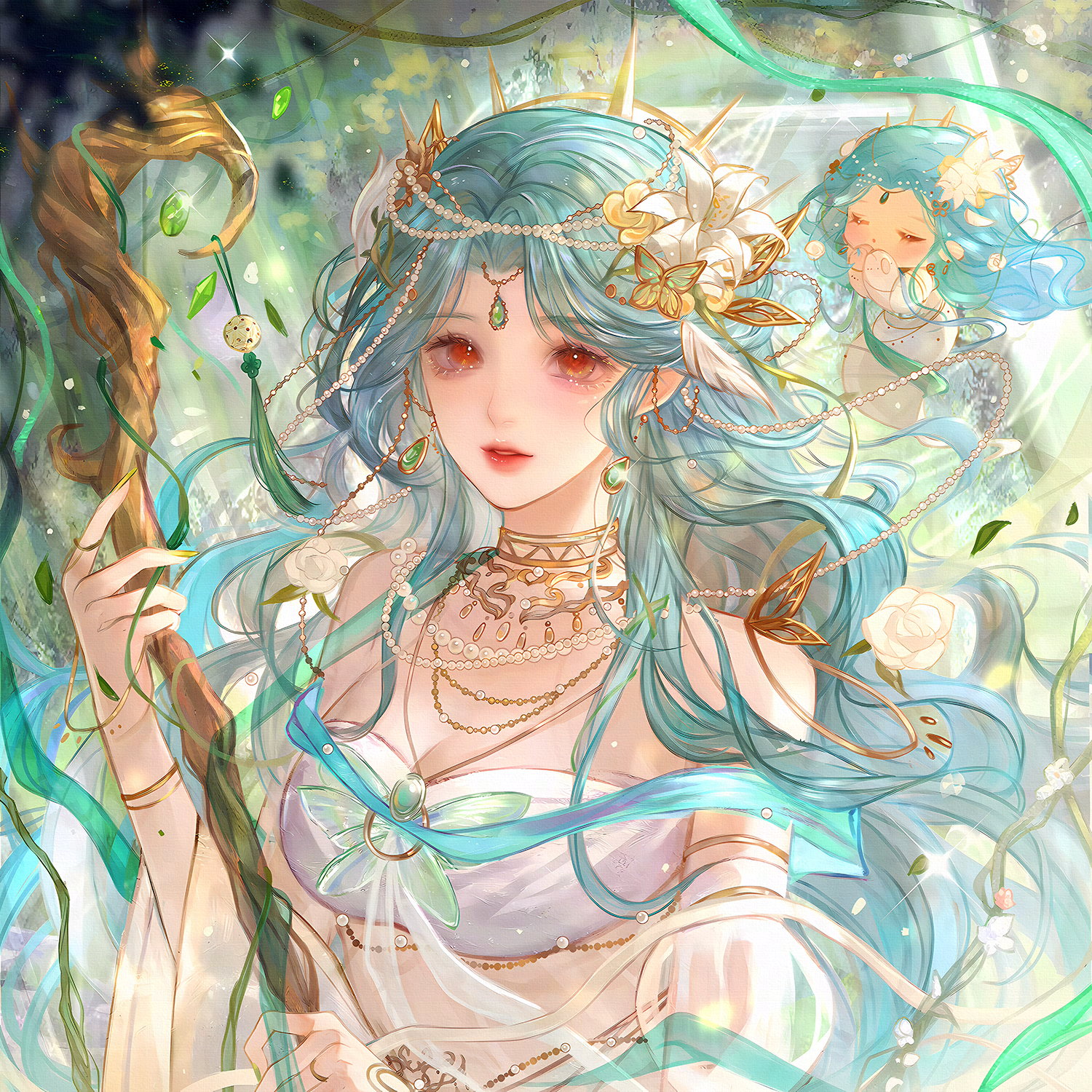 qingluanluan, original, highres, 1girl, blue hair, earrings, flower, hair flower, hair ornament, jewelry, long hair, looking at viewer, necklace, red eyes, staff, upper body