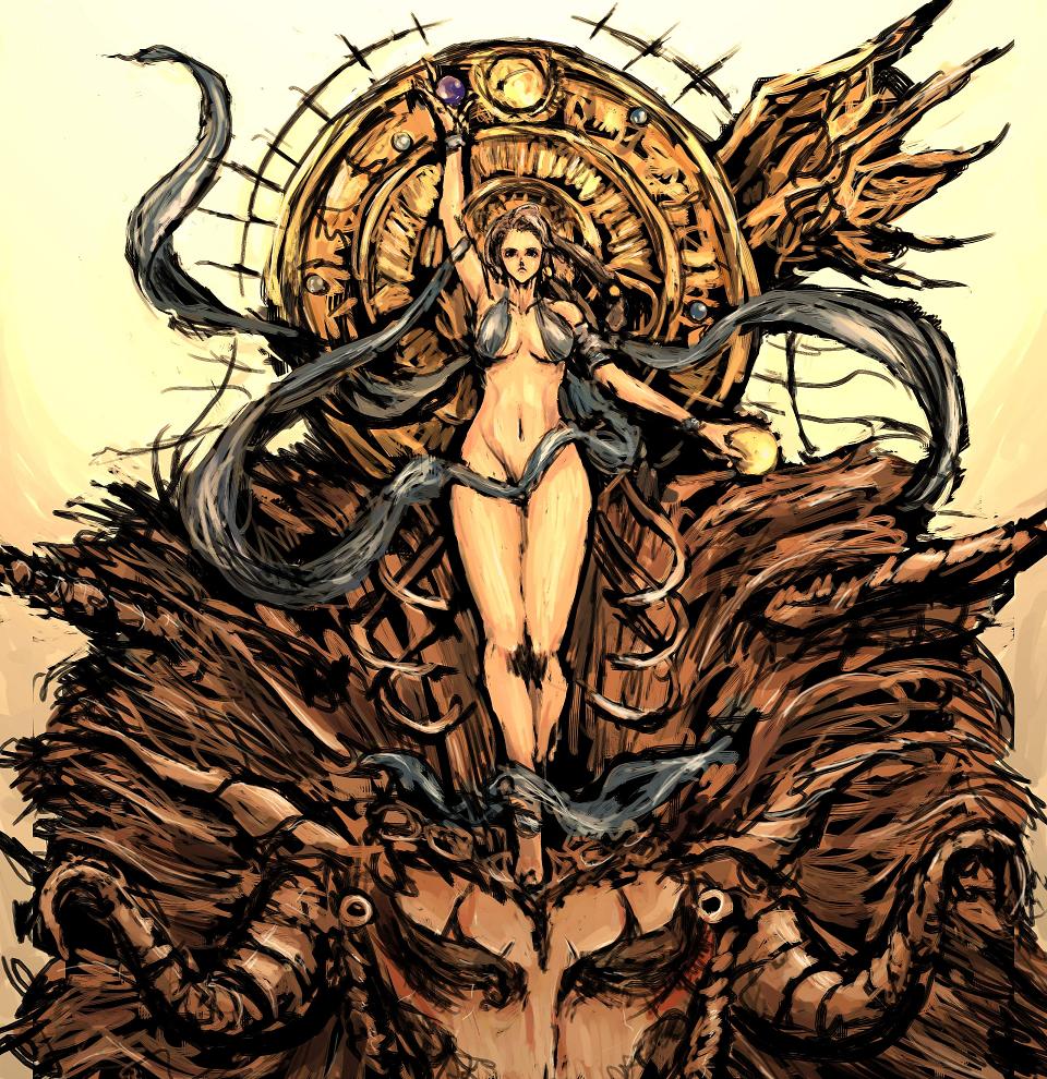 moto murabito, sophia (final fantasy), final fantasy, final fantasy vi, 1990s (style), 1girl, breasts, brown hair, censored, convenient censoring, female focus, long hair, monster, navel, retro artstyle, solo, underboob