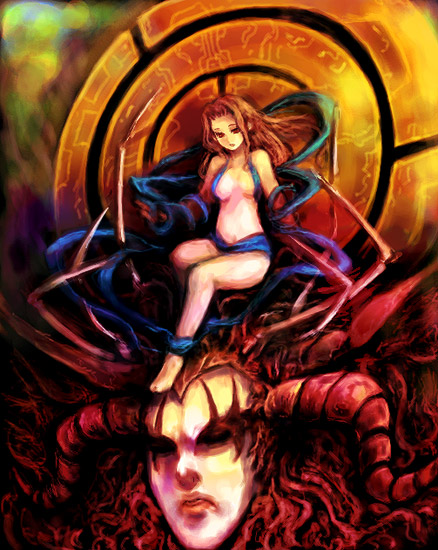 kara (color), sophia (final fantasy), final fantasy, final fantasy vi, 1990s (style), 1girl, brown hair, female focus, long hair, midriff, retro artstyle, sitting, solo