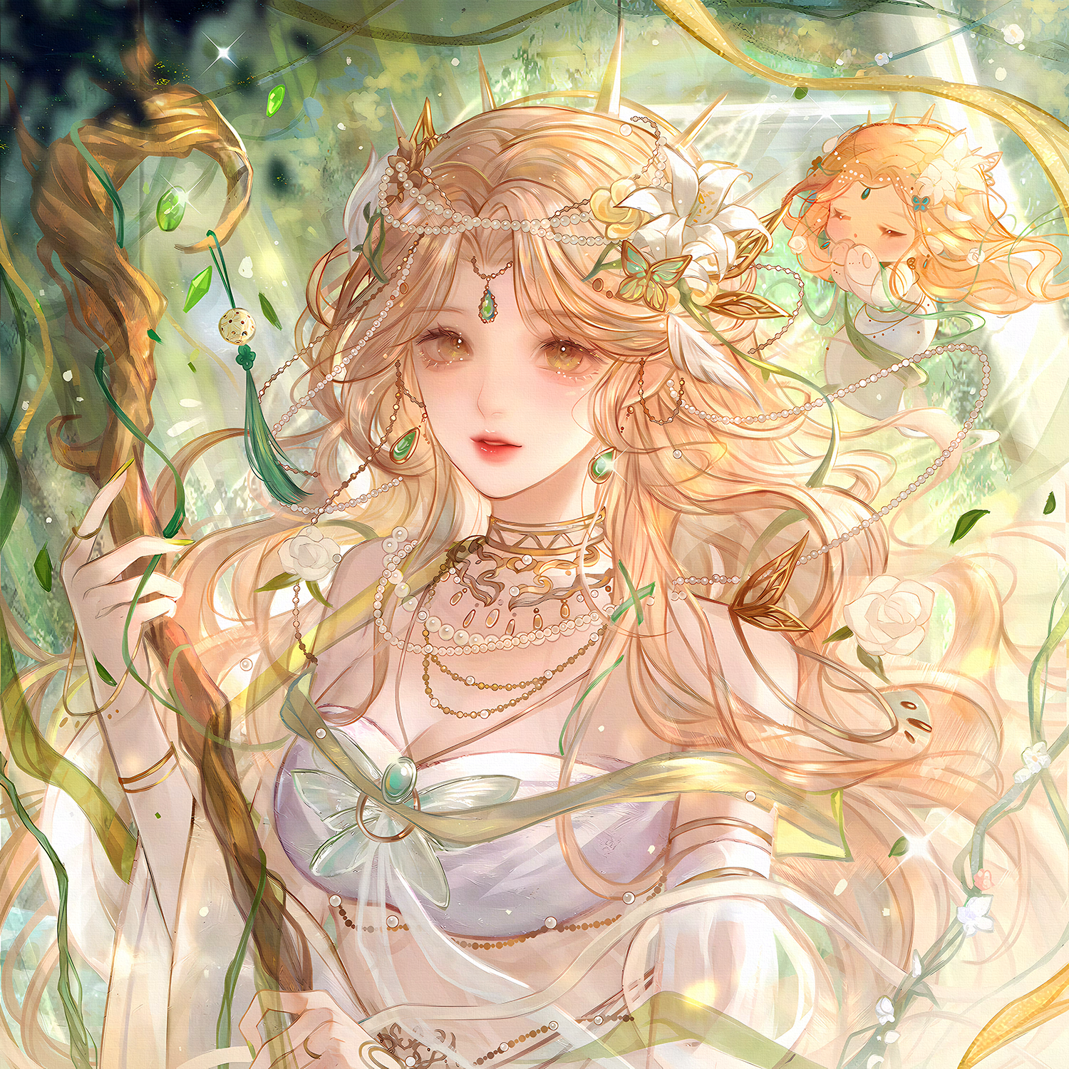 qingluanluan, original, highres, 1girl, blonde hair, chibi, earrings, flower, hair flower, hair ornament, holding, holding staff, jewelry, leaf, long hair, looking at viewer, necklace, staff, upper body