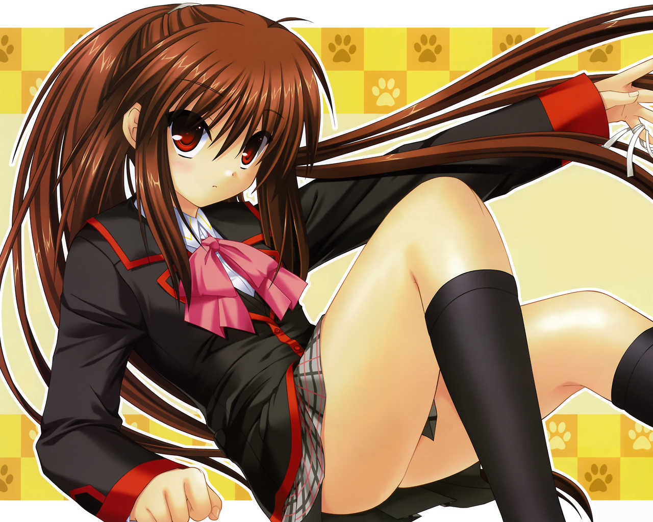na-ga, natsume rin, little busters!, jpeg artifacts, 1girl, bow, brown hair, female focus, kneehighs, long hair, pink bow, red eyes, skirt, socks, solo