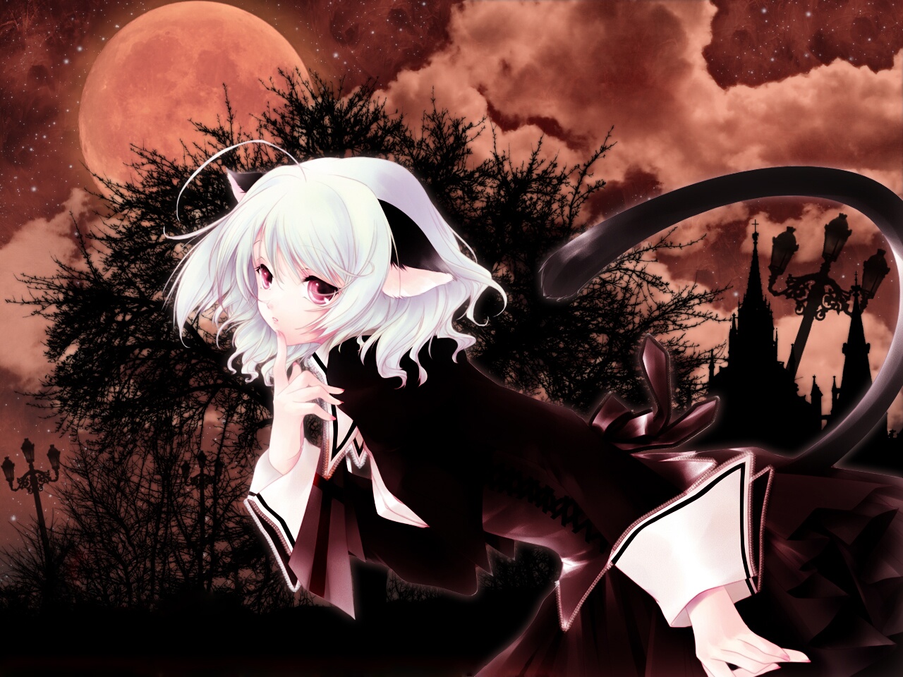 mogami rio, 1girl, albino, animal ears, cat ears, cat tail, cloud, female focus, goth fashion, moon, nail polish, night, pink nails, red eyes, sky, solo, tail, tree, white hair