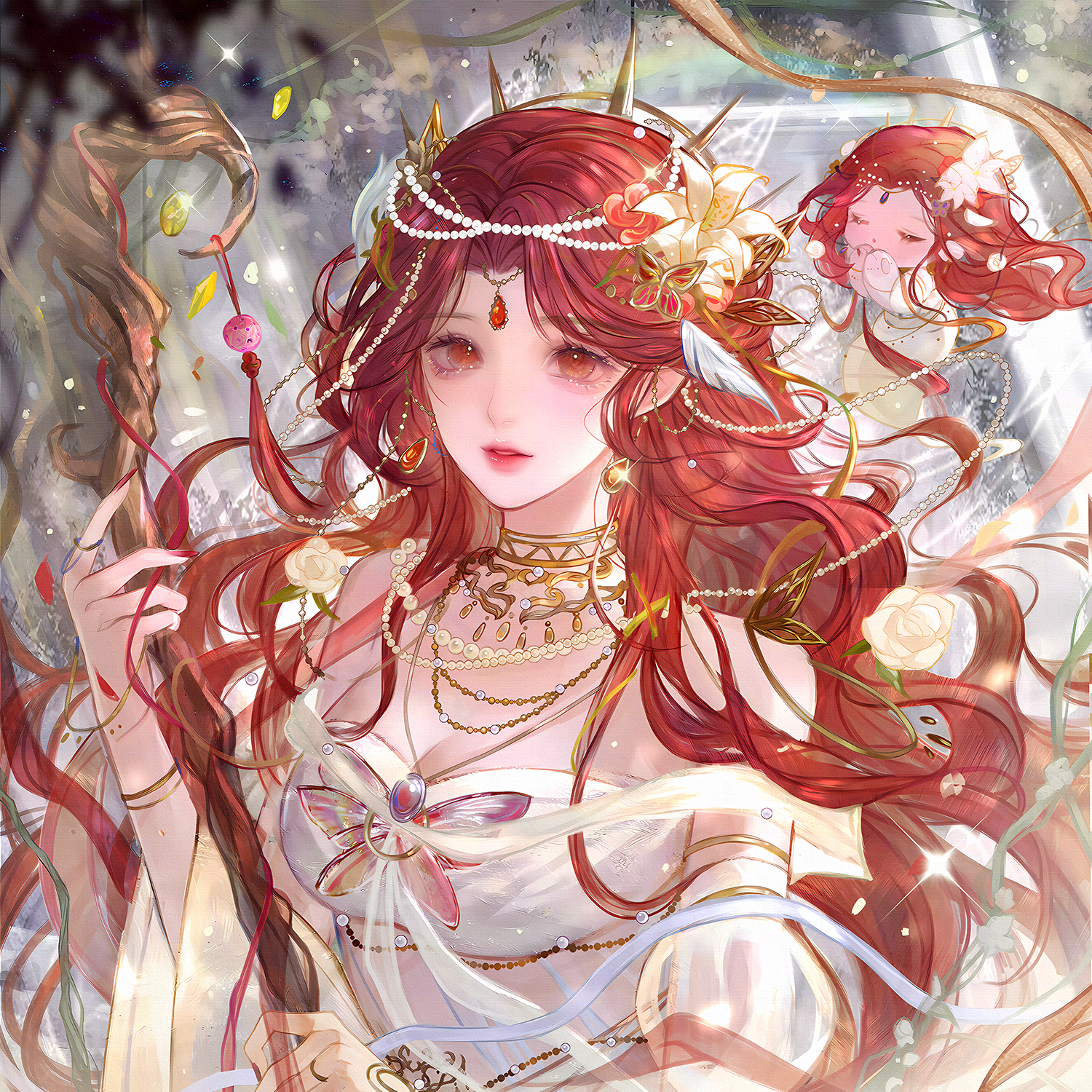 qingluanluan, original, highres, 1girl, bug, butterfly, dress, earrings, flower, hair flower, hair ornament, holding, insect, jewelry, long hair, looking at viewer, necklace, red eyes, red hair, solo, sparkle, staff, upper body