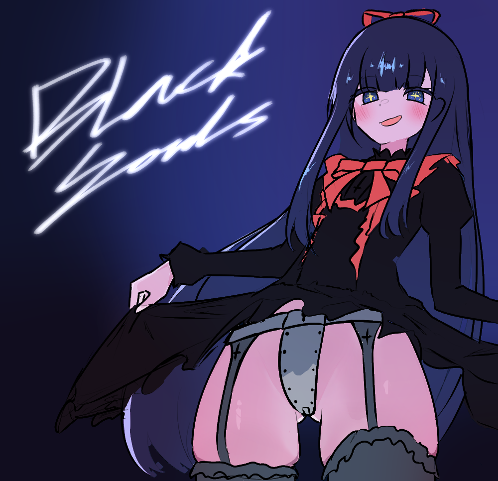 wingcat, mabel (black souls), black souls, black souls 2, commentary request, korean commentary, + +, 1girl, black dress, blue background, blue eyes, blue hair, blunt bangs, blush, bow, bowtie, chastity belt, clothes lift, dot nose, dress, dress lift, english text, flashing, frilled dress, frills, from below, garter belt, gradient background, grey thighhighs, hair bow, long hair, long sidelocks, long sleeves, looking at viewer, open mouth, red bow, red bowtie, sidelocks, smile, solo, sparkling eyes, standing, star-shaped pupils, star (symbol), symbol-shaped pupils, thighhighs, thighs, very long hair