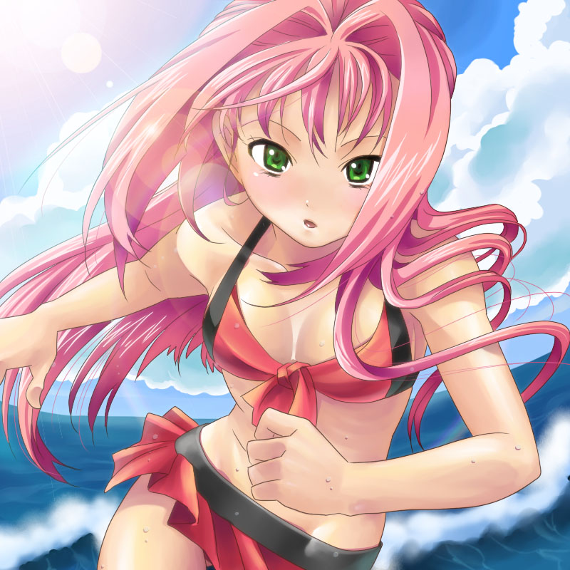 kutsuno, mylene jenius, macross, macross 7, bad id, bad pixiv id, 1990s (style), 1girl, bikini, blush, cloud, day, female focus, green eyes, long hair, ocean, outdoors, pink hair, red bikini, retro artstyle, sky, solo, swimsuit
