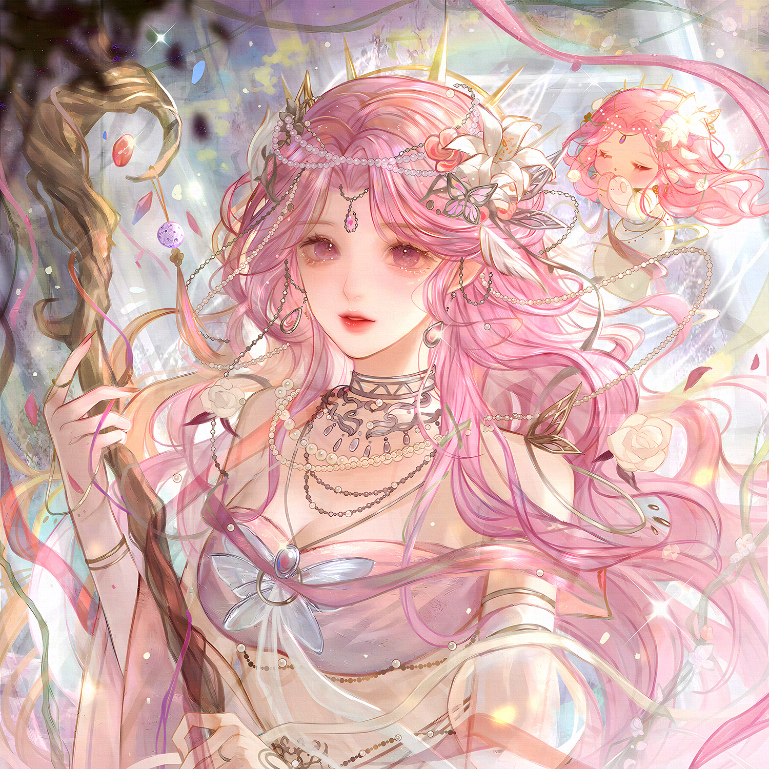 qingluanluan, original, highres, 1girl, chibi, earrings, flower, hair flower, hair ornament, holding, holding staff, jewelry, long hair, looking at viewer, necklace, pink eyes, pink hair, staff, upper body