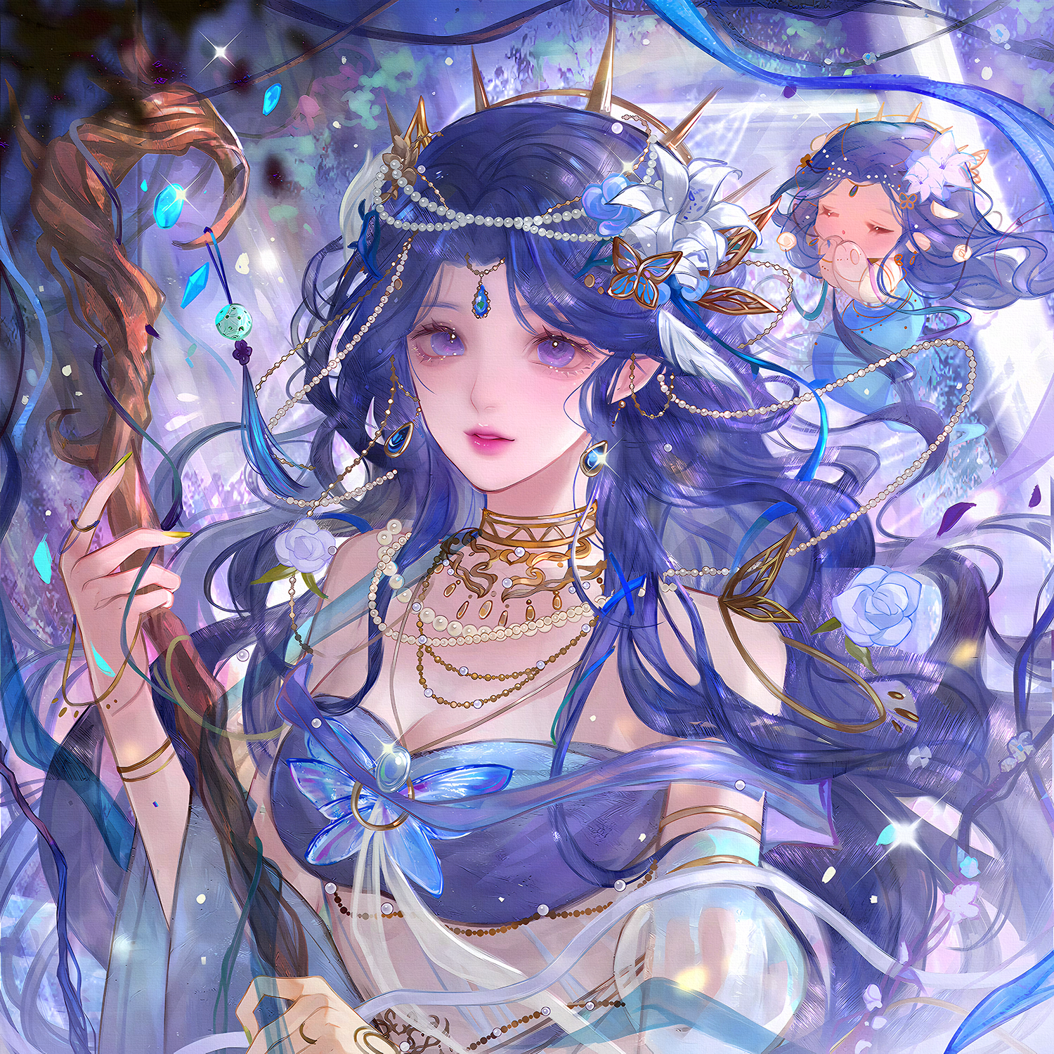 qingluanluan, original, highres, 1girl, blue hair, chibi, earrings, flower, hair flower, hair ornament, jewelry, long hair, looking at viewer, necklace, petals, sparkle, staff, upper body