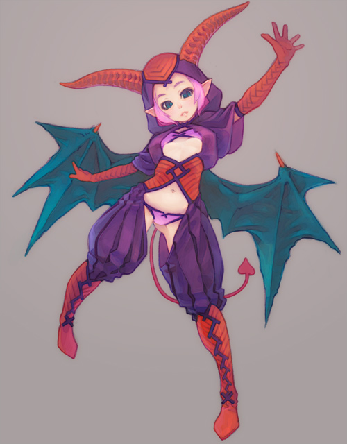 weno, original, blue eyes, demon girl, demon tail, horns, panties, pink hair, simple background, slit pupils, solo, tail, underwear, wings