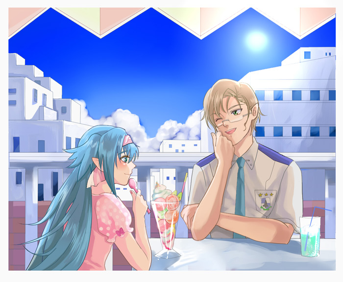 ask, ask (densicho), klan klein, mikhail buran, macross, macross frontier, 00s, 1boy, 1girl, blonde hair, blue eyes, blue hair, blush, city, cloud, day, food, glasses, good end, green eyes, ice cream, long hair, necktie, pointy ears, school uniform, serafuku, short hair, sky, smile, sun, twintails