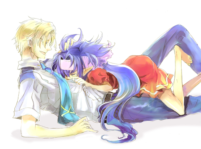 mooche, klan klein, mikhail buran, macross, macross frontier, 00s, barefoot, blonde hair, blue eyes, blue hair, hug, long hair, necktie, pointy ears, tears, twintails