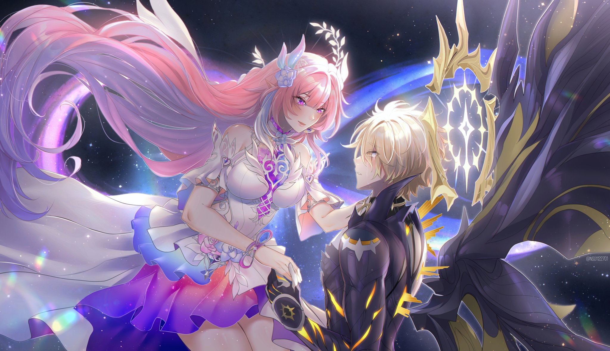 cyrene (honkai: star rail), cyrene (ripples of past reverie) (honkai: star rail), phainon (honkai: star rail), phainon (khaslana) (honkai: star rail), honkai: star rail, honkai (series), highres, 1boy, 1girl, amphoreus (honkai: star rail), black wings, blonde hair, breasts, dress, flower, hair flower, hair ornament, halo, holding hands, large breasts, long hair, looking at another, mobius strip, nsu1122701, pink hair, purple eyes, short hair, space, symbol-shaped pupils, thighs, very long hair, white dress, wings, yellow eyes
