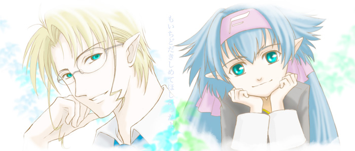 yuki tomo, klan klein, mikhail buran, macross, macross frontier, 00s, 1boy, 1girl, blonde hair, glasses, green eyes, long hair, pointy ears, smile, twintails