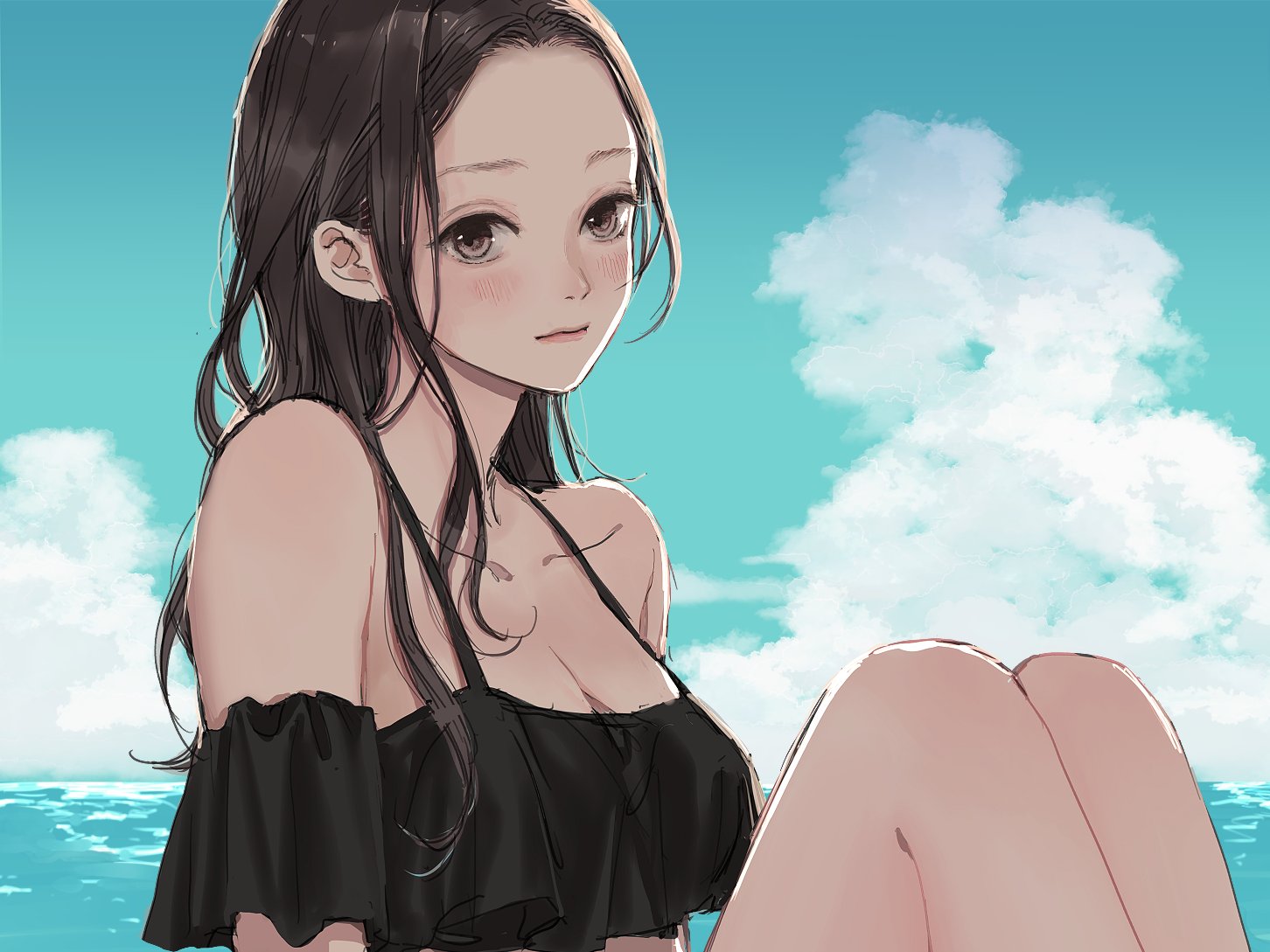 original, commentary request, 1girl, ayukonote, bare shoulders, bikini, blush, breasts, brown eyes, brown hair, cleavage, closed mouth, cloud, frilled bikini, frills, large breasts, long hair, looking at viewer, ocean, sitting, sky, solo, swimsuit