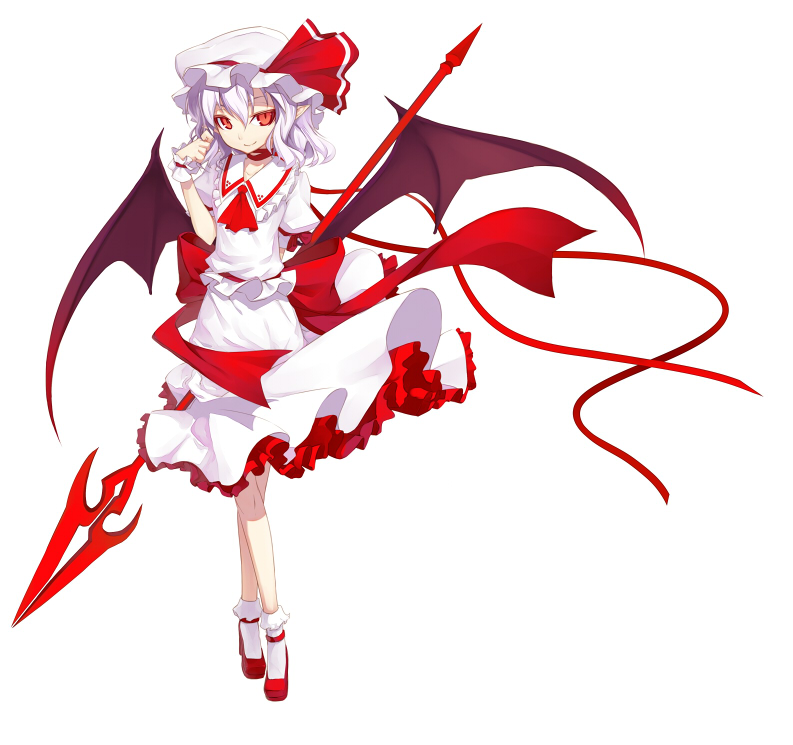 shingo (missing link), remilia scarlet, touhou, bad id, bad pixiv id, 1girl, bat wings, female focus, hat, hat ribbon, pointy ears, polearm, purple hair, red eyes, ribbon, solo, spear, spear the gungnir, weapon, wings