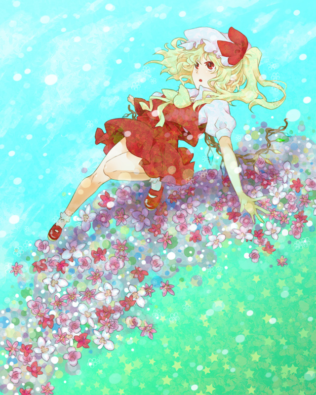 mot, flandre scarlet, touhou, bad id, bad pixiv id, 1girl, blonde hair, blouse, blue background, female focus, flower, full body, gradient background, green background, hat, mob cap, plant, red eyes, red shoes, shirt, shoes, socks, solo, white hat, white shirt, white socks