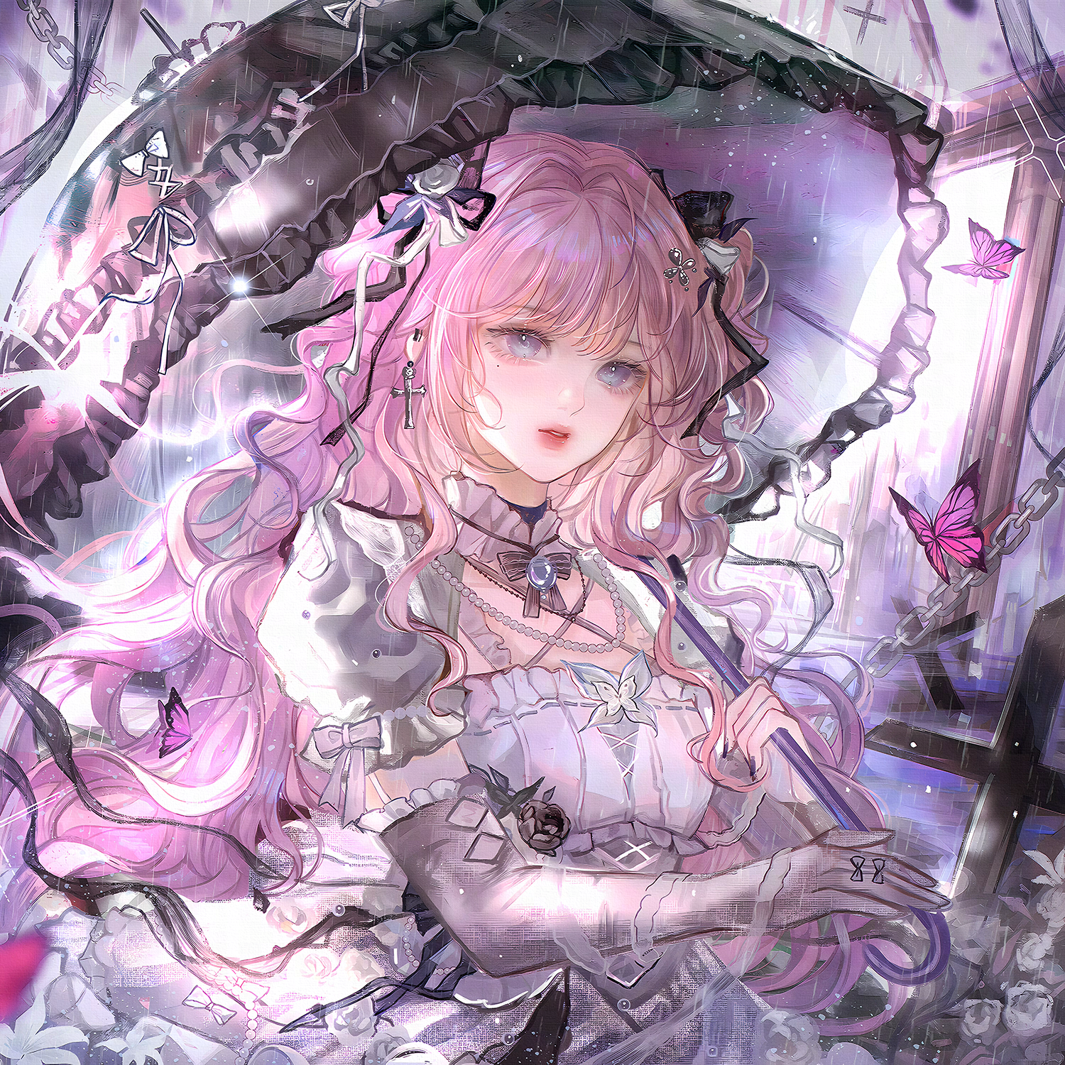 qingluanluan, original, highres, large variant set, variant set, 1girl, blue eyes, bow, bug, butterfly, cross, dress, earrings, elbow gloves, flower, frills, gloves, hair ornament, hair ribbon, holding, holding umbrella, insect, jewelry, long hair, looking at viewer, necklace, parted lips, pink hair, puffy short sleeves, puffy sleeves, ribbon, ring, short sleeves, solo, umbrella, upper body, white dress