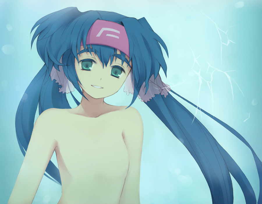 moai (aoh), klan klein, macross, macross frontier, 00s, blue hair, flat chest, green eyes, hairband, loli, long hair, no nipples, pointy ears, smile, solo, twintails