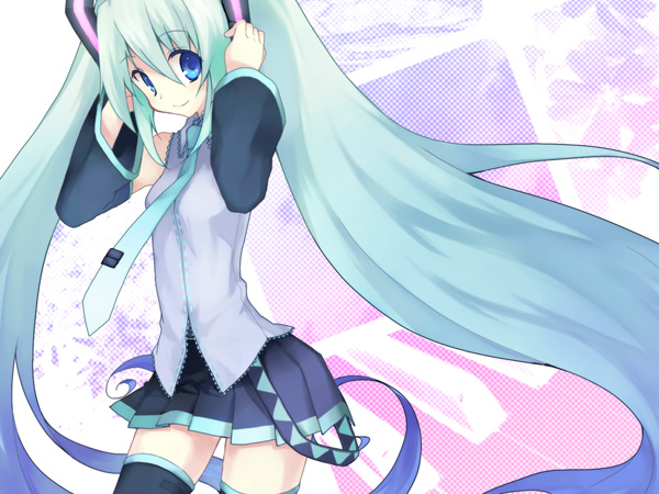 koto (colorcube), hatsune miku, vocaloid, bad id, bad pixiv id, 1girl, aqua hair, blue eyes, detached sleeves, female focus, gradient hair, hand on own ear, long hair, multicolored hair, necktie, pleated skirt, shirt, skirt, sleeveless, sleeveless shirt, smile, solo, thighhighs, twintails, very long hair, zettai ryouiki