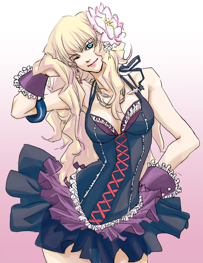 miwa, miwa (artist), sheryl nome, macross, macross frontier, bad id, bad pixiv id, 00s, 1girl, blonde hair, blue eyes, bracelet, corset, earrings, female focus, flower, jewelry, long hair, one eye closed, solo, wink