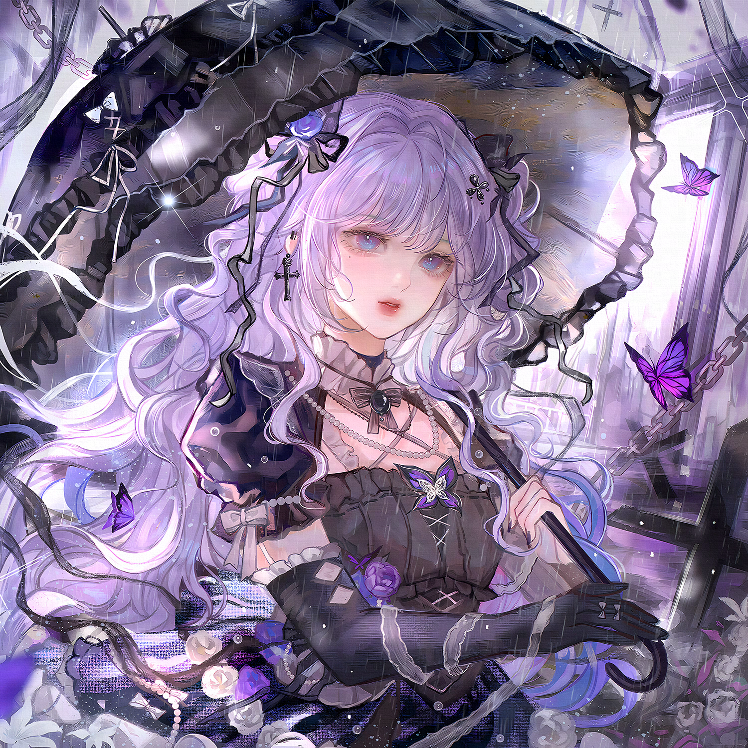 qingluanluan, original, highres, large variant set, variant set, 1girl, black dress, black gloves, blue eyes, bug, butterfly, cross, dress, earrings, elbow gloves, flower, gloves, hair ornament, holding, holding umbrella, insect, jewelry, long hair, mole, mole under eye, necklace, parted lips, puffy sleeves, purple hair, rain, ribbon, rose, short sleeves, single glove, solo, umbrella