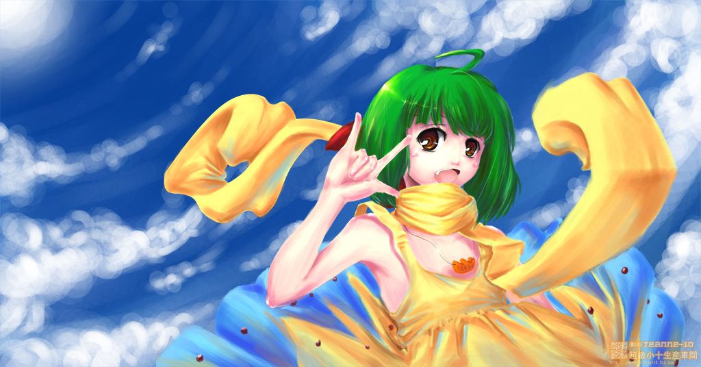 ranka lee, macross, macross frontier, 00s, m/, blush, cloud, day, fang, green hair, red eyes, seikan hikou, short hair, sky, solo