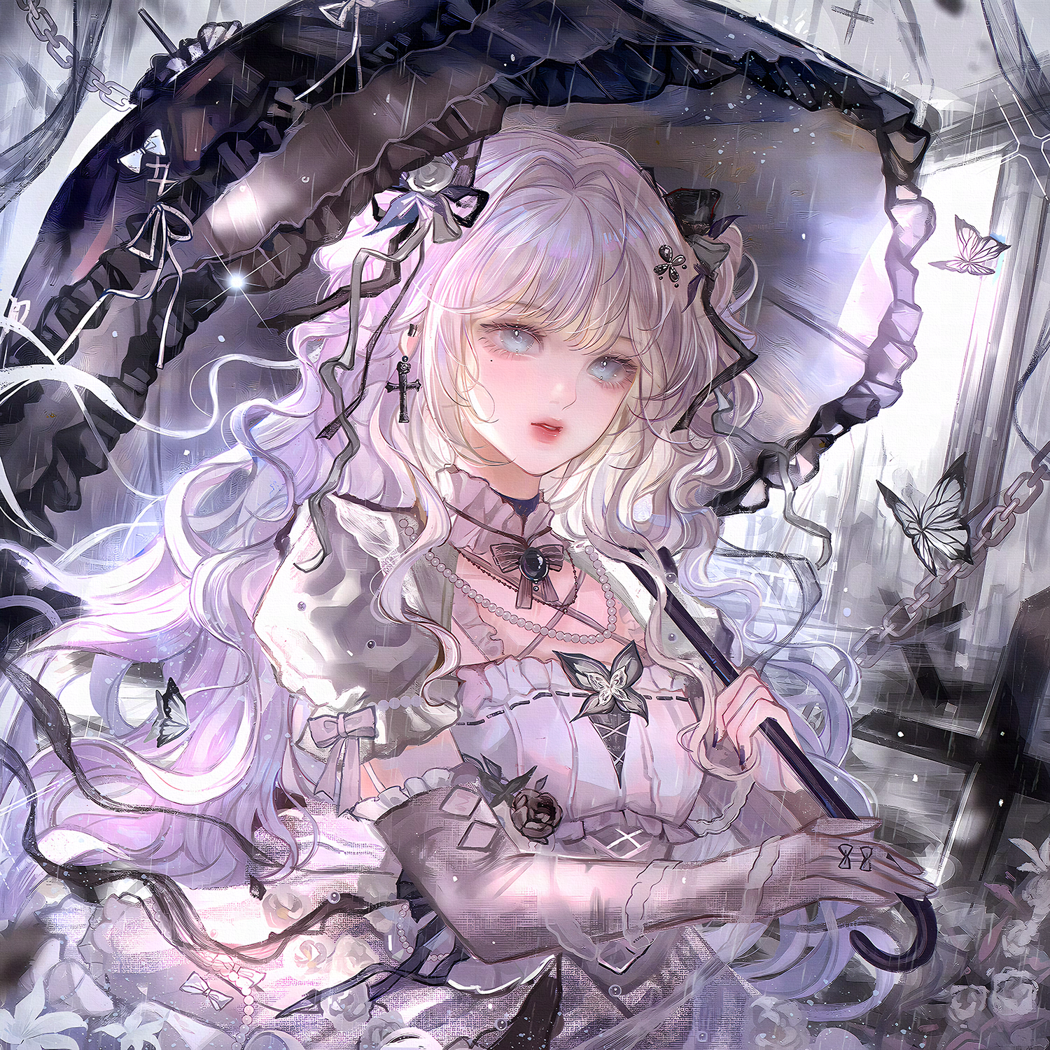 qingluanluan, original, highres, large variant set, variant set, 1girl, blue eyes, bow, bug, butterfly, cross, dress, earrings, gloves, hair ornament, hair ribbon, holding, holding umbrella, insect, jewelry, long hair, looking at viewer, mole, mole under eye, necklace, parted lips, puffy short sleeves, puffy sleeves, rain, ribbon, ring, short sleeves, solo, umbrella, upper body, white dress