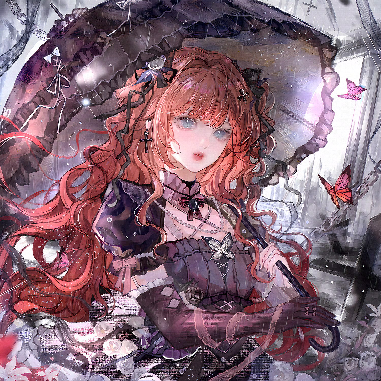 qingluanluan, original, highres, large variant set, variant set, 1girl, black dress, black gloves, blue eyes, bow, bug, butterfly, chain, cross, dress, earrings, elbow gloves, gloves, hair ornament, holding, holding umbrella, insect, jewelry, long hair, looking at viewer, necklace, parted lips, puffy short sleeves, puffy sleeves, rain, red hair, ribbon, short sleeves, solo, umbrella, upper body