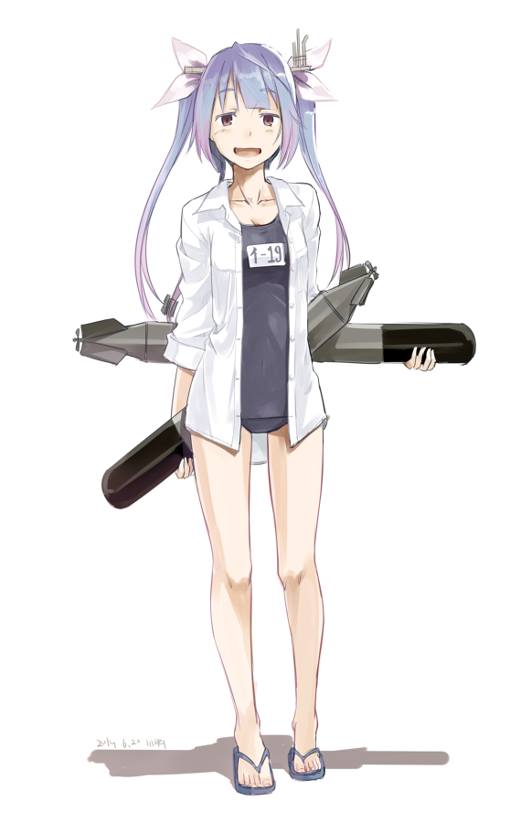 kawashina (momen silicon), i-19 (kancolle), kantai collection, commentary, 1girl, blue hair, blue one-piece swimsuit, blue sandals, breasts, cleavage, clothes writing, dated, full body, hair ribbon, holding, holding torpedo, looking at viewer, multicolored hair, name tag, one-piece swimsuit, open mouth, purple hair, ribbon, sandals, school swimsuit, shirt, signature, small breasts, solo, standing, swimsuit, torpedo, white shirt