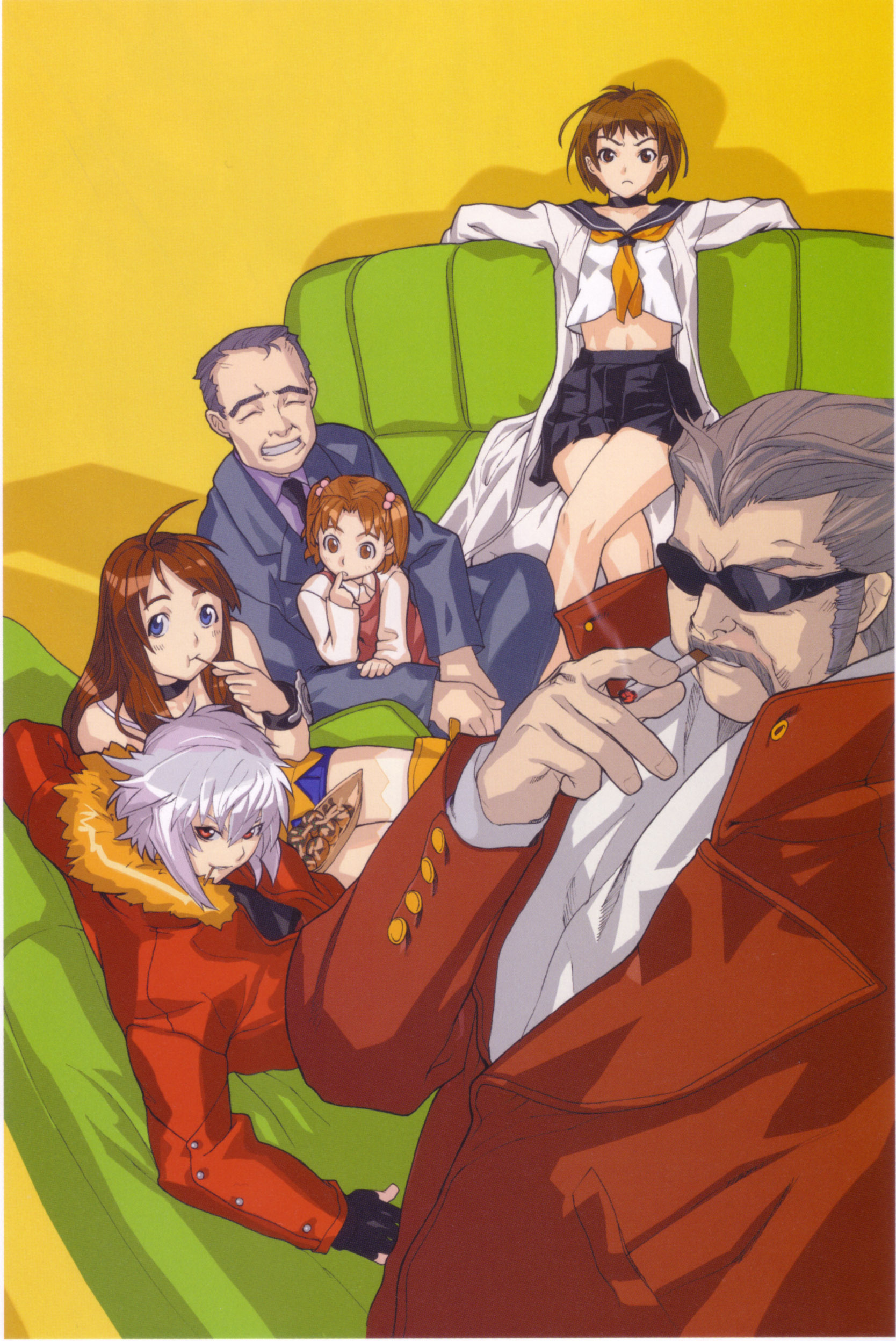 hakua ugetsu, jo (bakuretsu tenshi), katsu takane, meg (bakuretsu tenshi), bakuretsu tenshi, bakuretsu tenshi infinity, absurdres, highres, 00s, 2boys, 4girls, cigarette, eating, lab coat, midriff, multiple boys, multiple girls, scenery, school uniform, serafuku, smoking, sunglasses