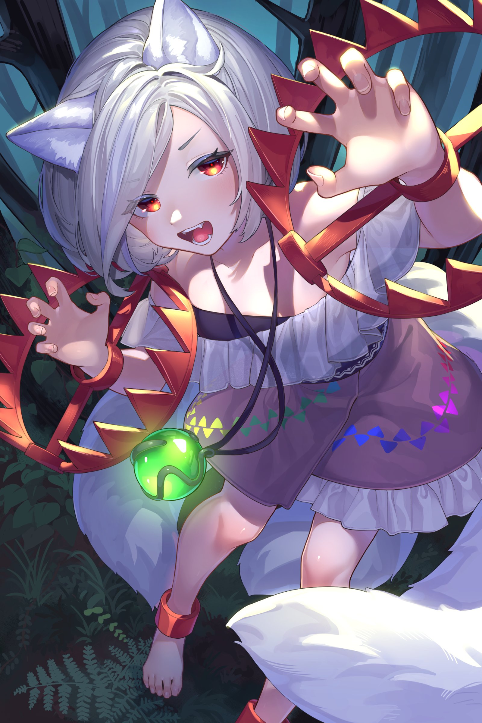wankosoba (wanwan soba), mitsugashira enoko, touhou, absurdres, highres, 1girl, animal ears, anklet, barefoot, bear trap, claw pose, dog ears, dog girl, dog tail, extra tails, frilled skirt, frills, grey hair, jewelry, multiple tails, necklace, off-shoulder shirt, off shoulder, open mouth, pink skirt, purple shirt, rainbow print, red eyes, shirt, short hair, skirt, solo, tail