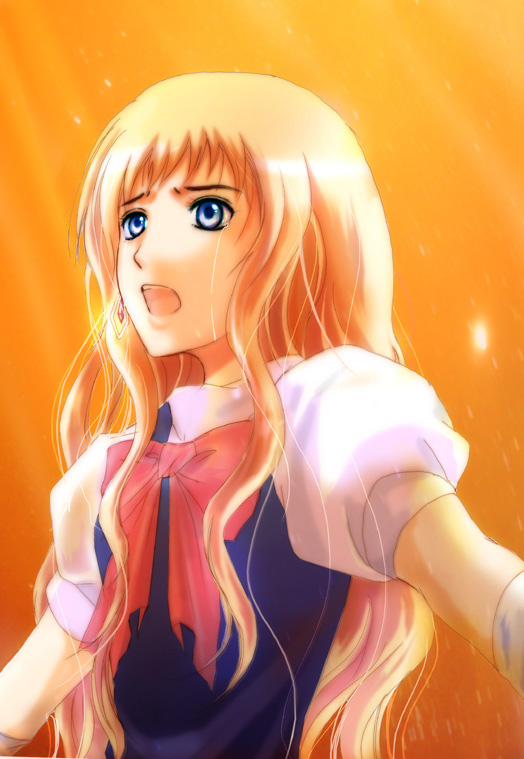 akebi (kakuri), sheryl nome, macross, macross frontier, light, bad id, bad pixiv id, 00s, 1girl, blonde hair, blue eyes, earrings, female focus, gloves, jewelry, long hair, music, simple background, singing, solo, tears